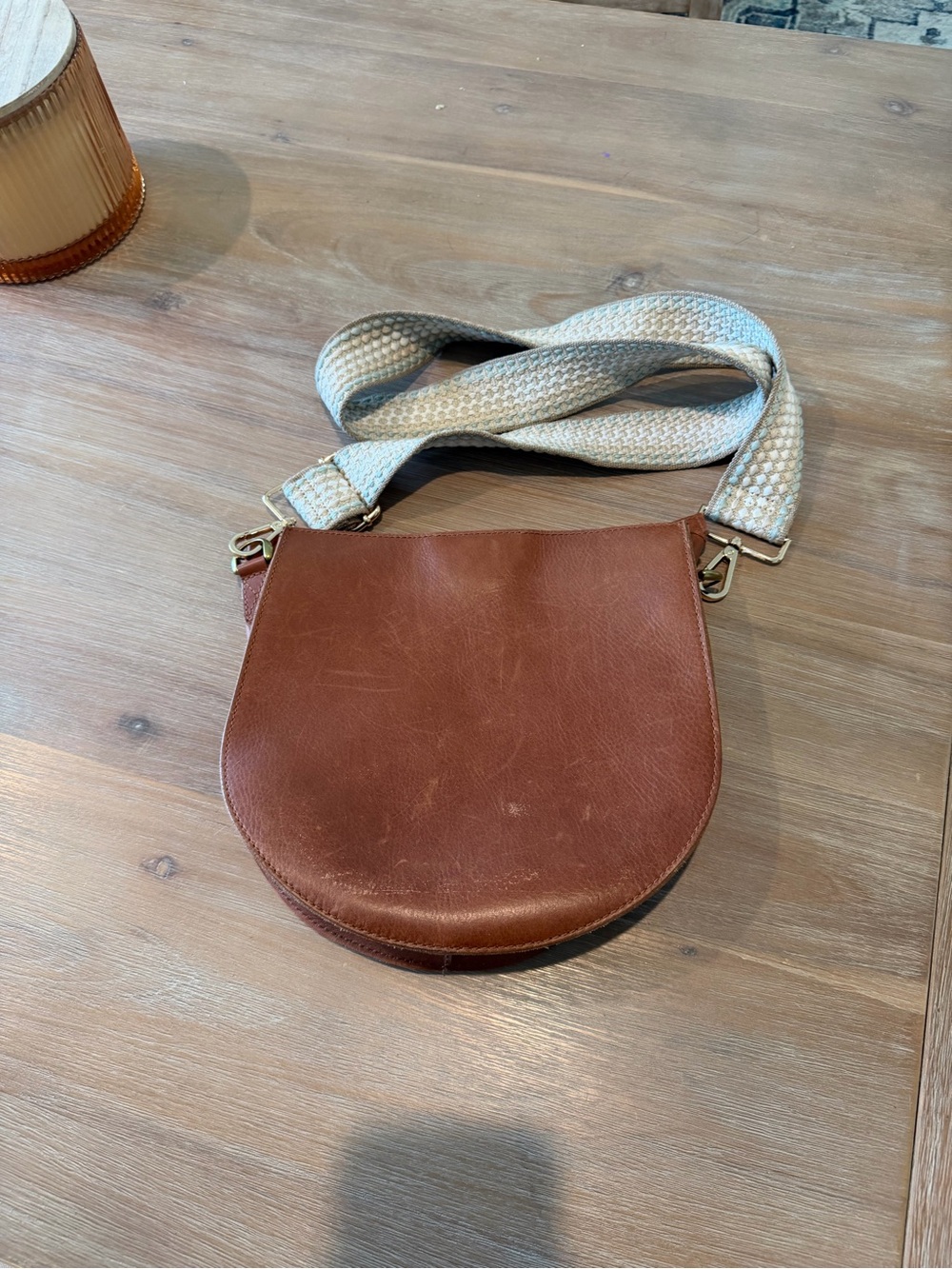 Madewell Brown Leather Transport Saddle Bag with Ivory Woven Strap